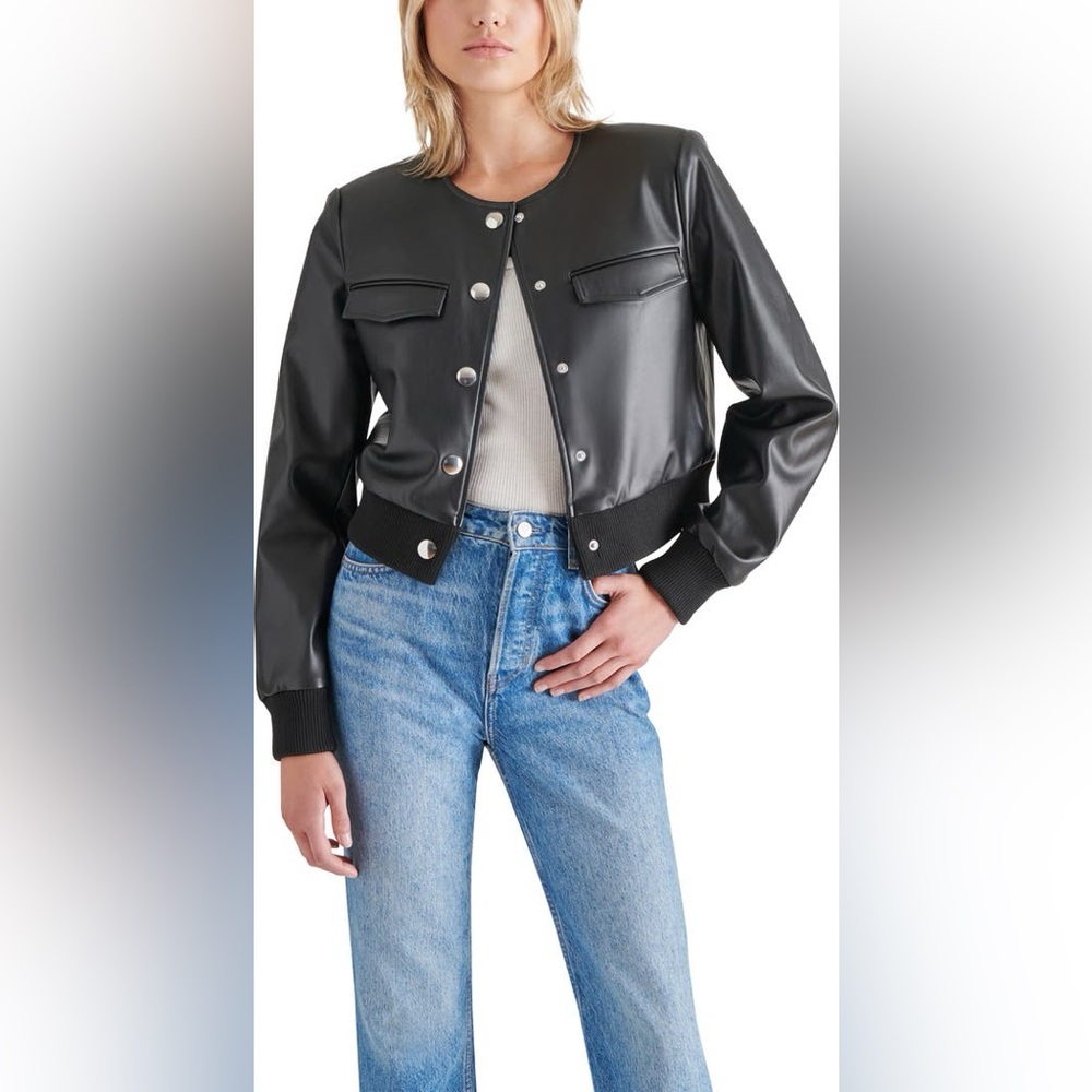 Steve Madden Cropped Bomber Jacket Black Faux Leather Silver Buttons Size XS